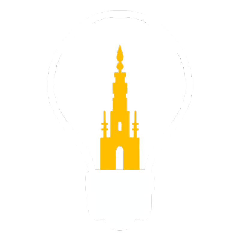 Lichtin Magazine logo. A white outline a light bulb with a yellow outline of the Scott monument within.